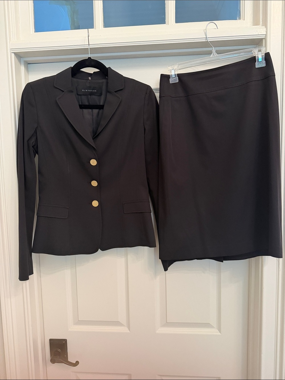 Elie Tahari Black Blazer and Skirt Set with Gold Buttons